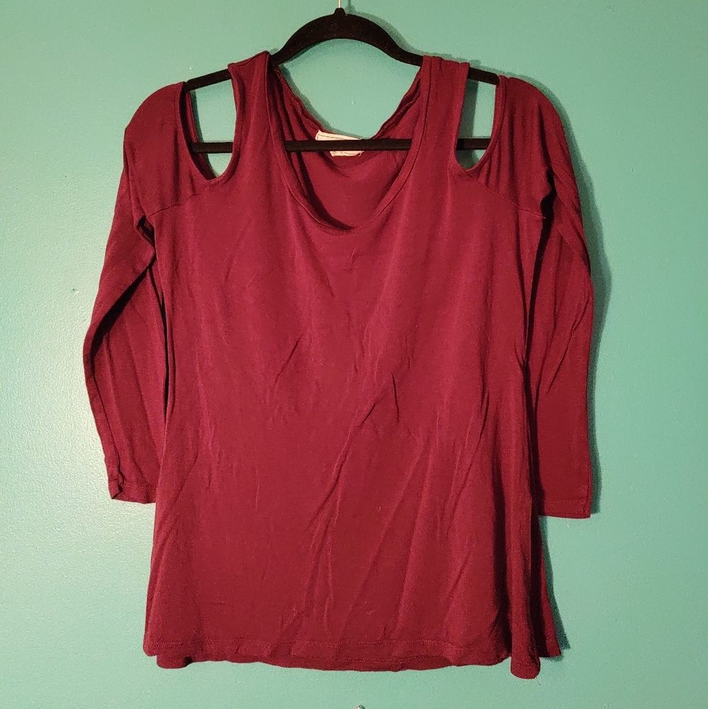 Burgundy Cold Shoulder LS Tee